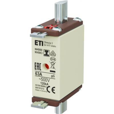 Wkładka topikowa NH zwłoczna KOMBI Zaczepy izolowane NH000/I gG 63A 500V 004191212 ETI (004191212)